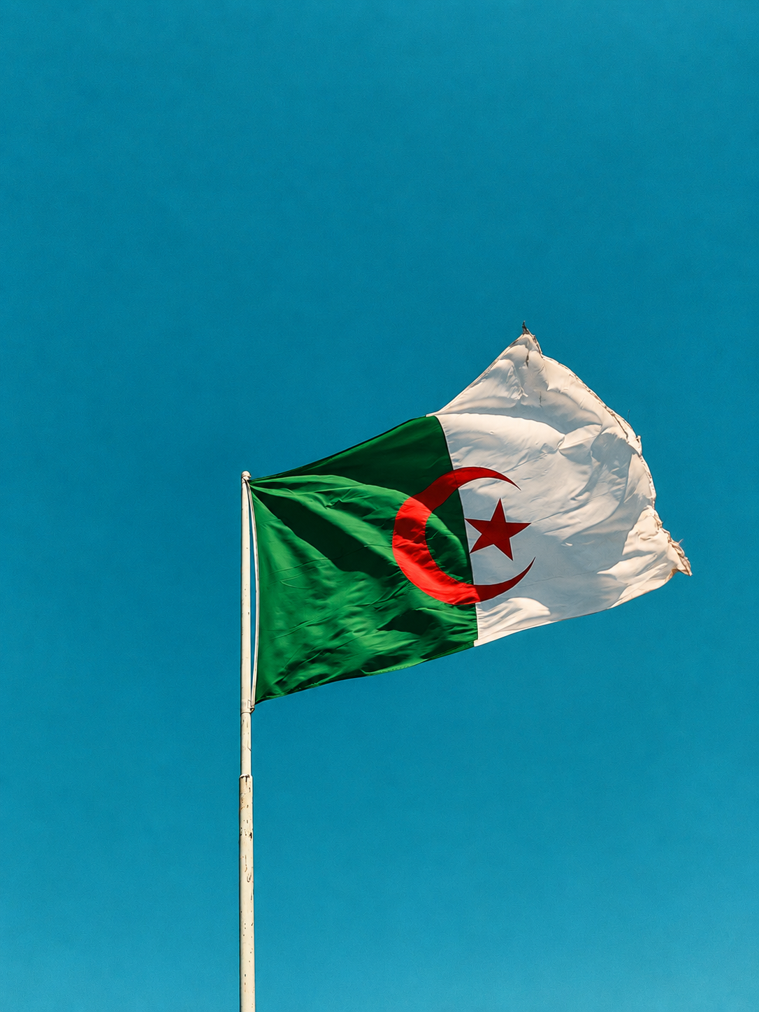 Drapeau de l’Algérie vert et blanc, avec croissant et étoile rouges, flottant sur un ciel bleu.