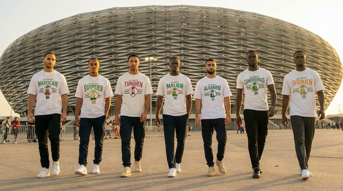 Sept hommes portant des t-shirts blancs Bled Eleven à messages, marchant devant un bâtiment arrondi.