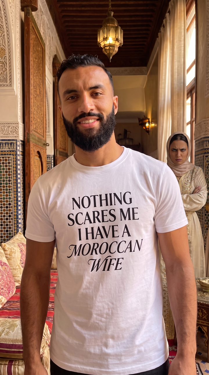 T-shirt Nothing Scares Me, I Have a Moroccan Wife — visuel produit 1 — Bled Eleven