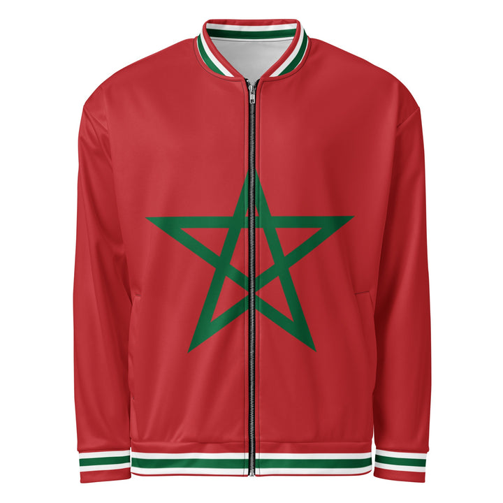 Veste Maroc bomber drapeau marocain rouge avec pentagramme vert, vue de face, veste seule — Bled Eleven