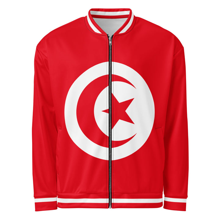 Veste Tunisie bomber drapeau tunisien rouge avec disque blanc, croissant et étoile rouges, vue de face, veste seule — Bled Eleven